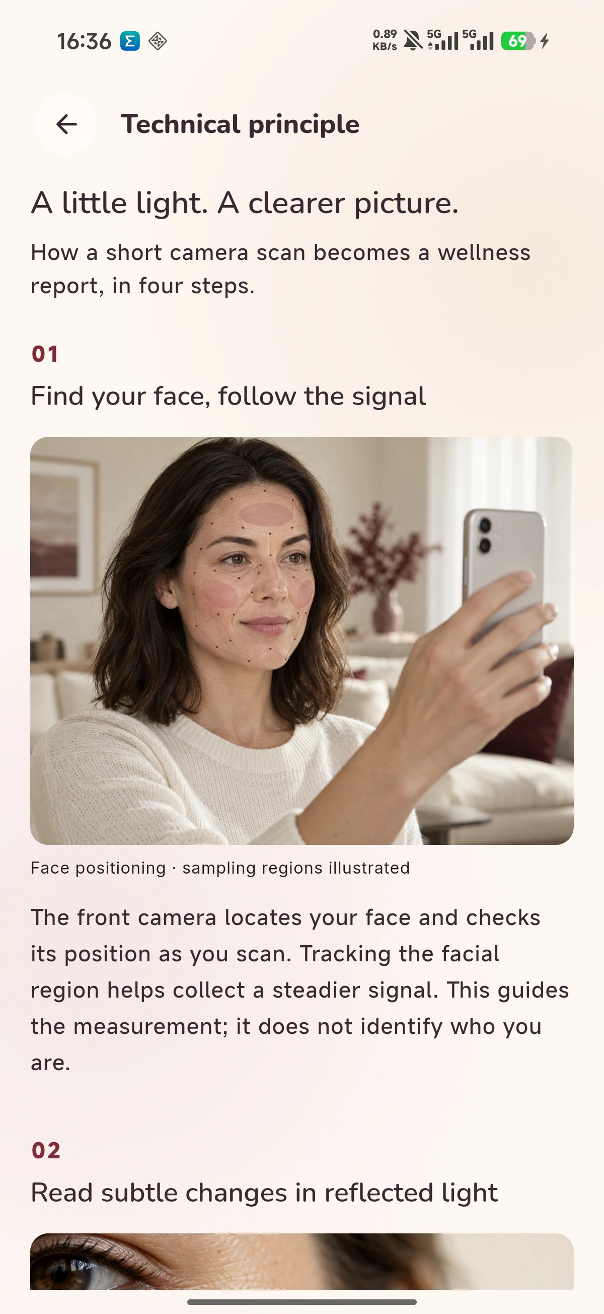 Vimetra technical principle screen explaining face positioning and reflected light