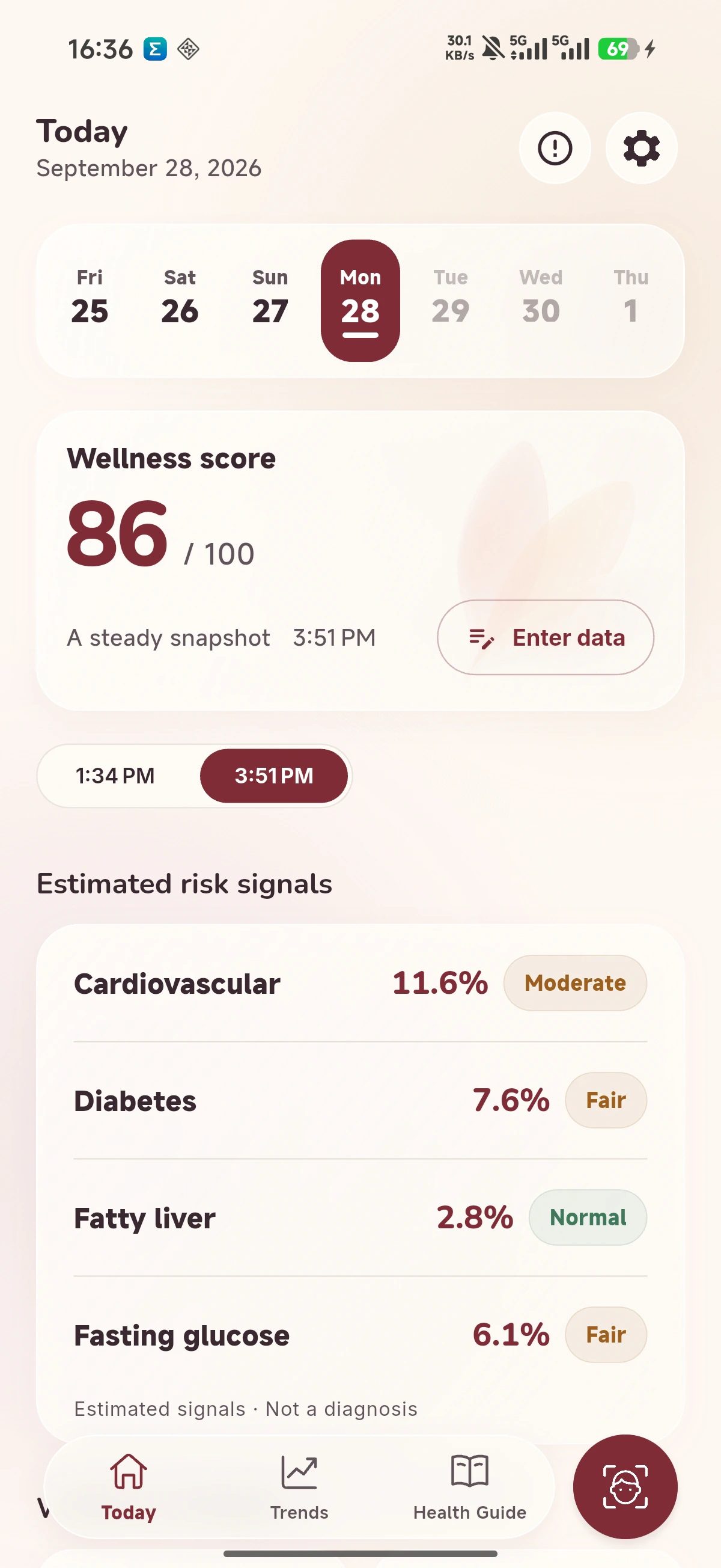 Vimetra Today screen showing a wellness score and estimated risk signals
