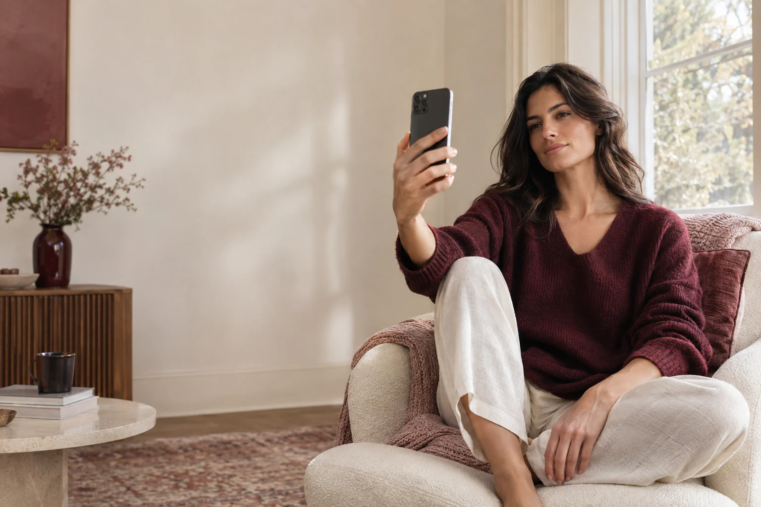 An adult using a smartphone for a calm front-camera wellness scan